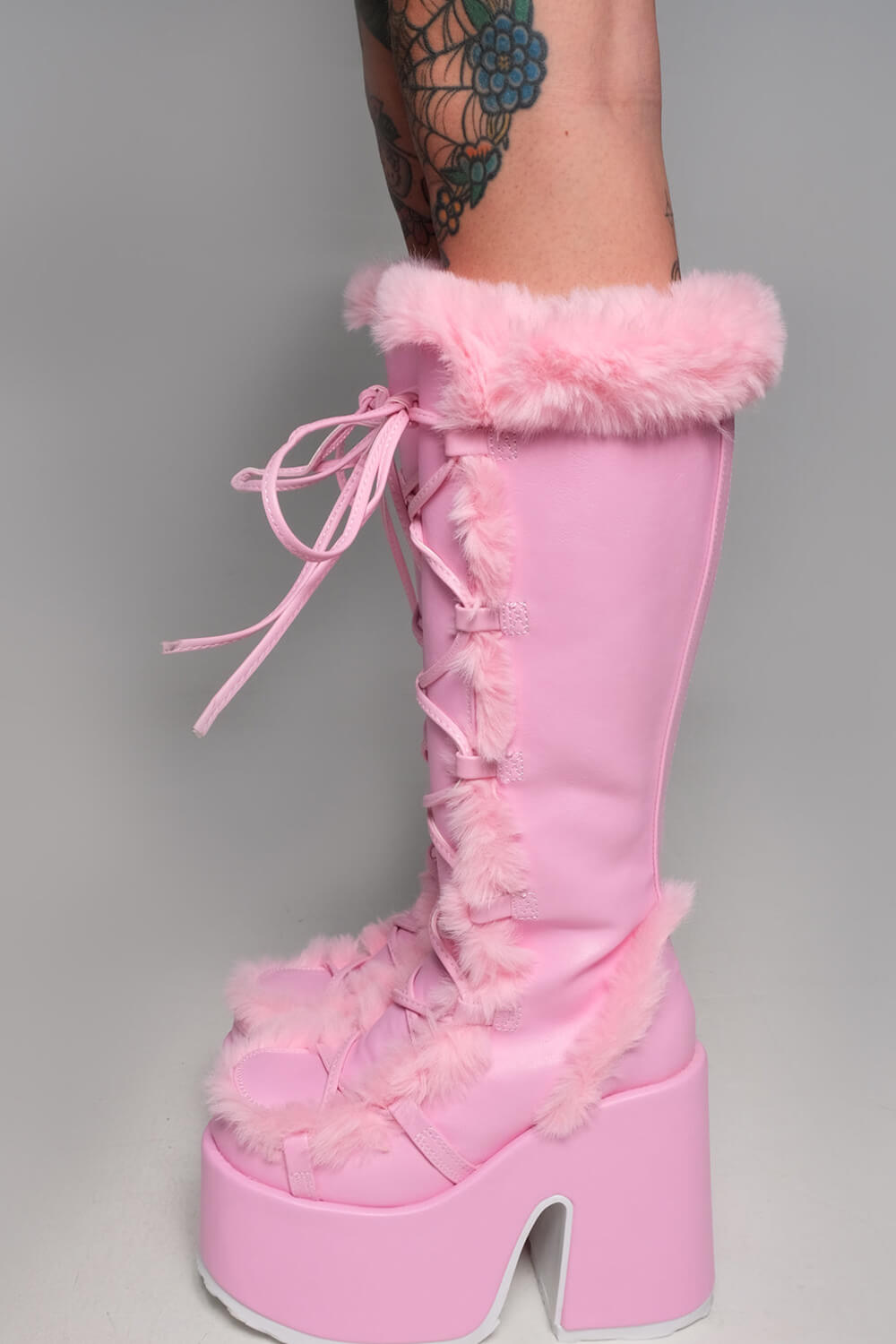 Faux Fur Lace-Up Knee High Chunky Platform Boots - Pink