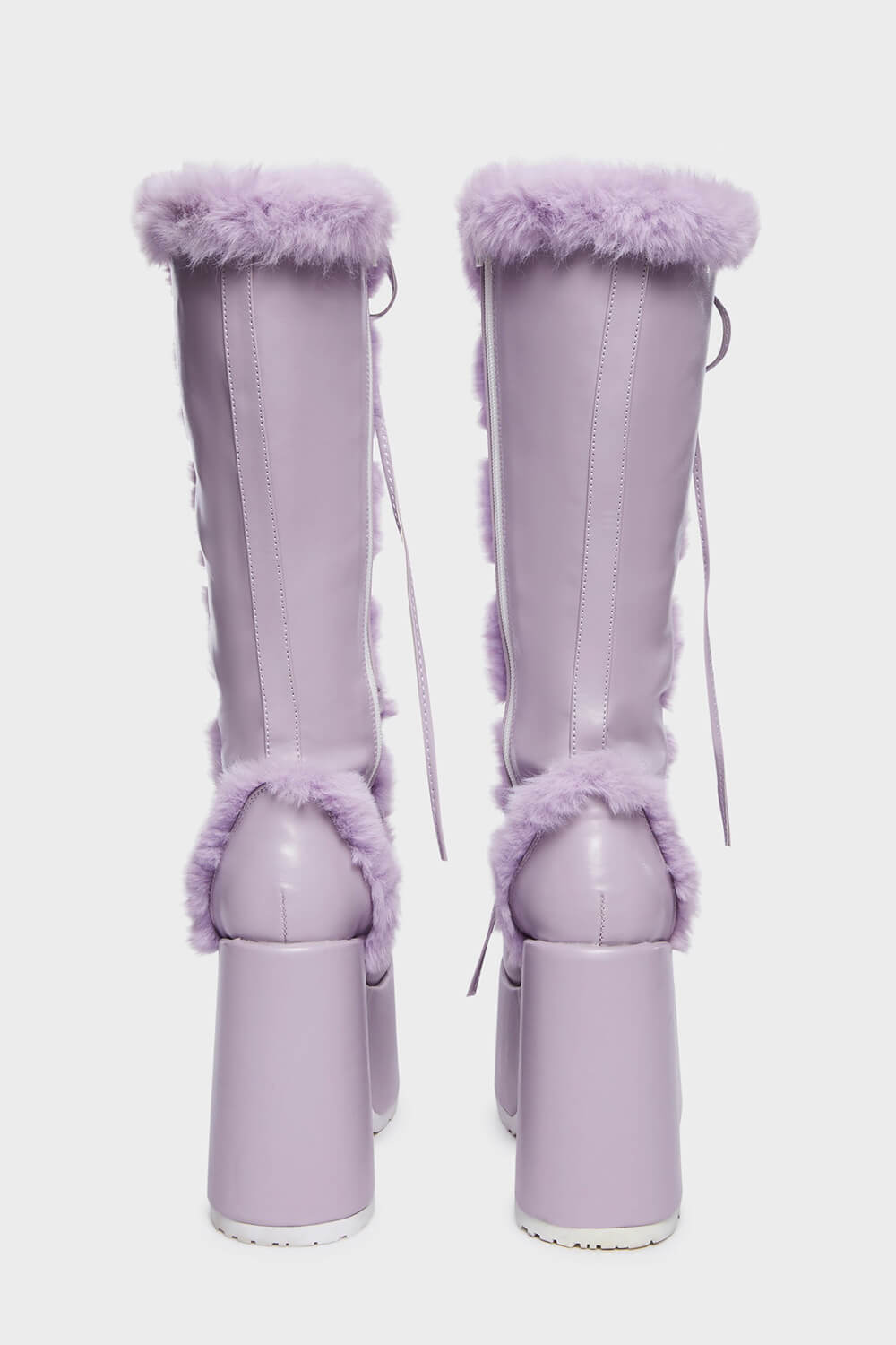Faux Fur Lace-Up Knee High Chunky Platform Boots - Purple