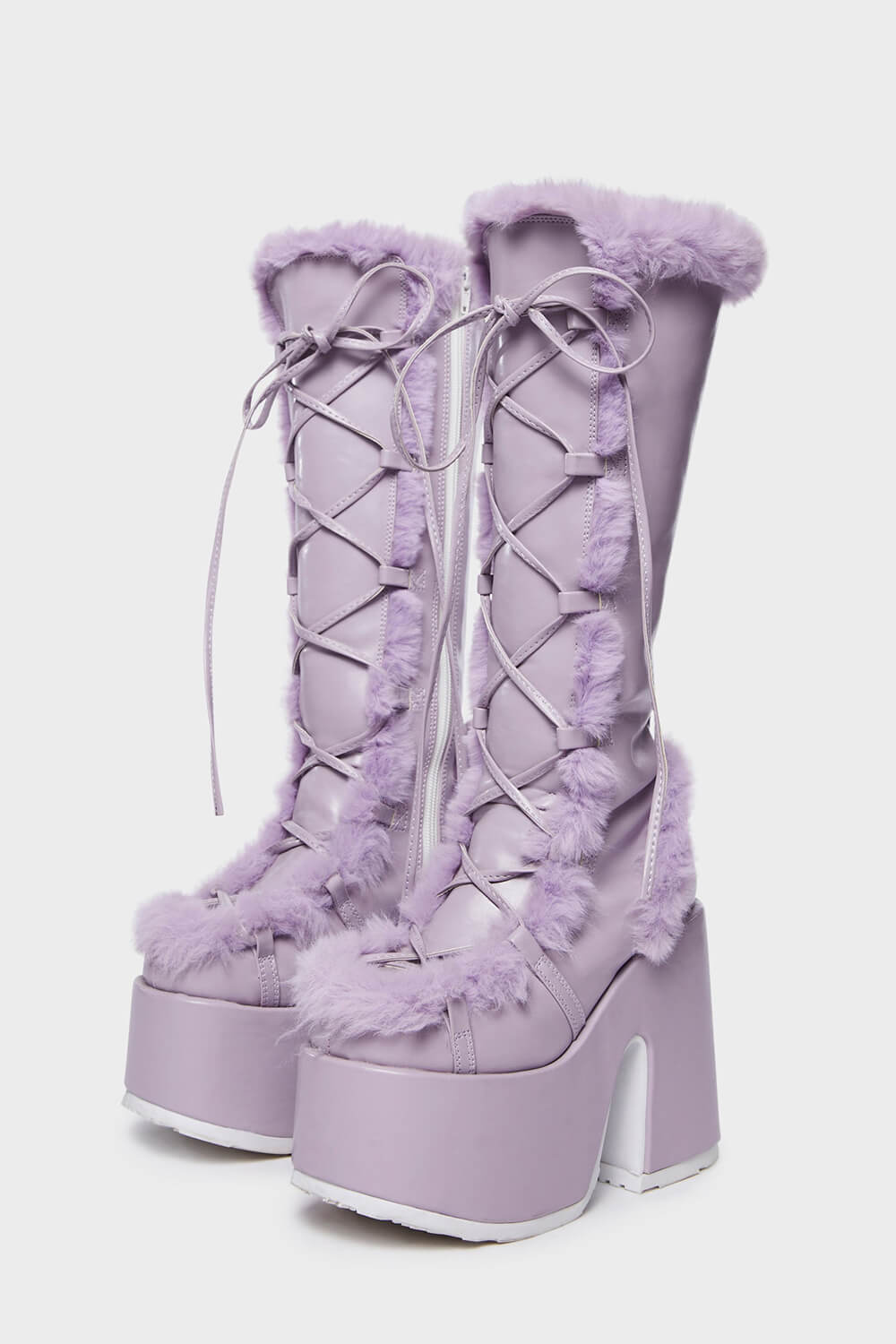 Faux Fur Lace-Up Knee High Chunky Platform Boots - Purple