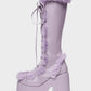 Faux Fur Lace-Up Knee High Chunky Platform Boots - Purple