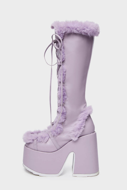Faux Fur Lace-Up Knee High Chunky Platform Boots - Purple