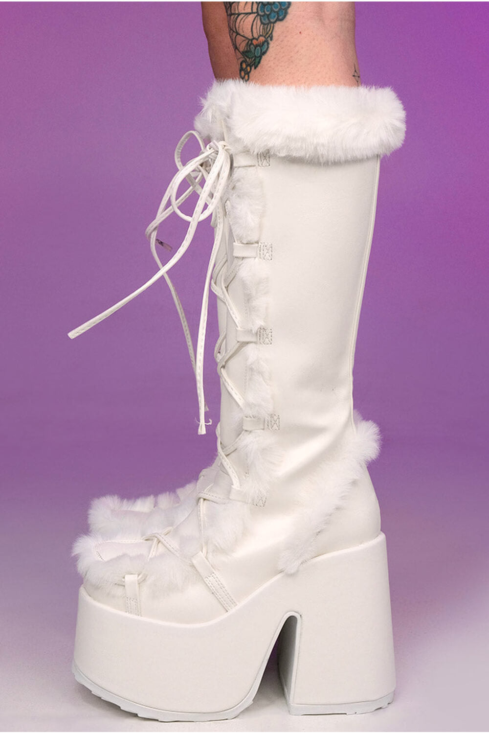 Faux Fur Lace-Up Knee High Chunky Platform Boots - White