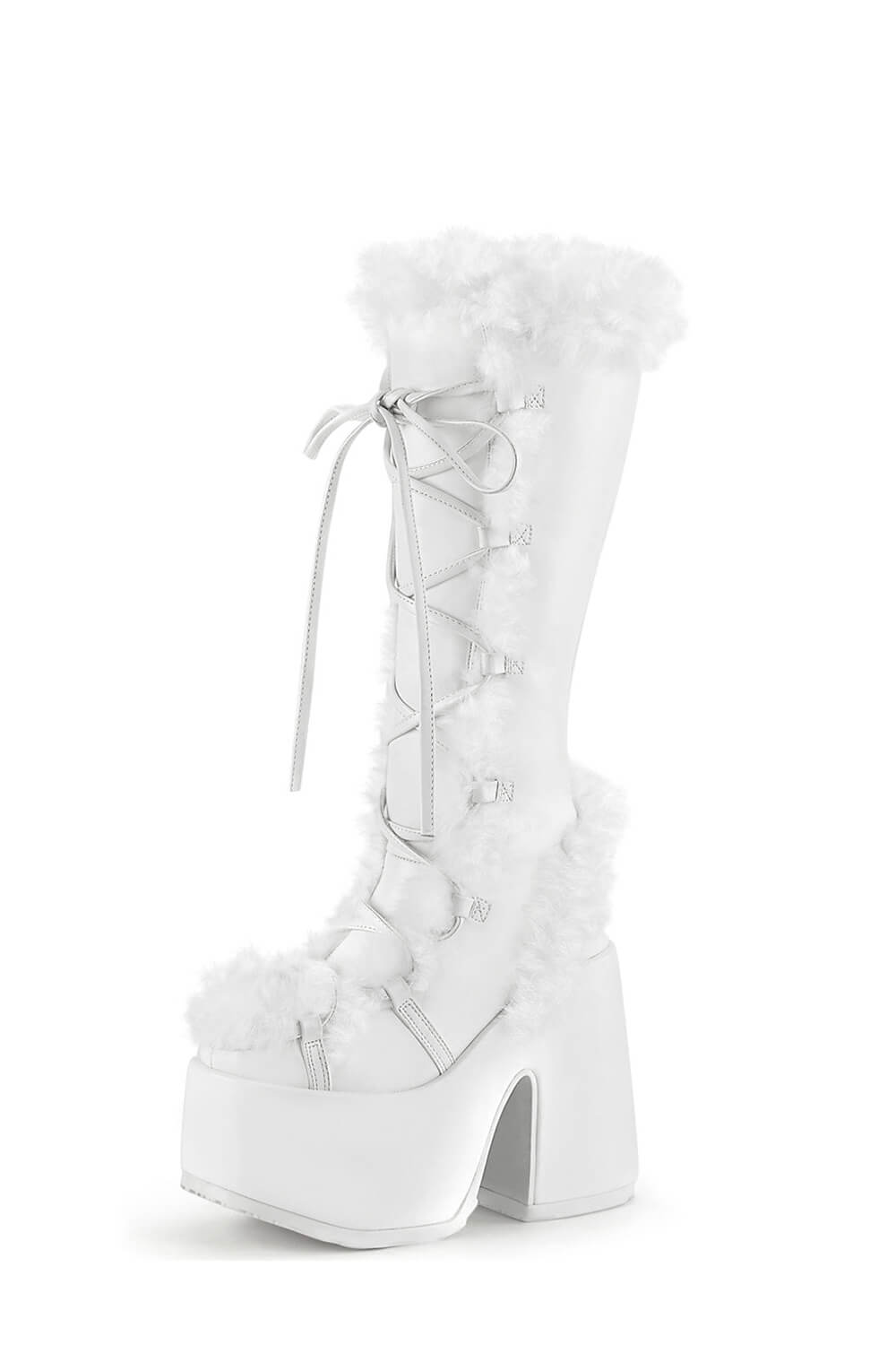 Faux Fur Lace-Up Knee High Chunky Platform Boots - White