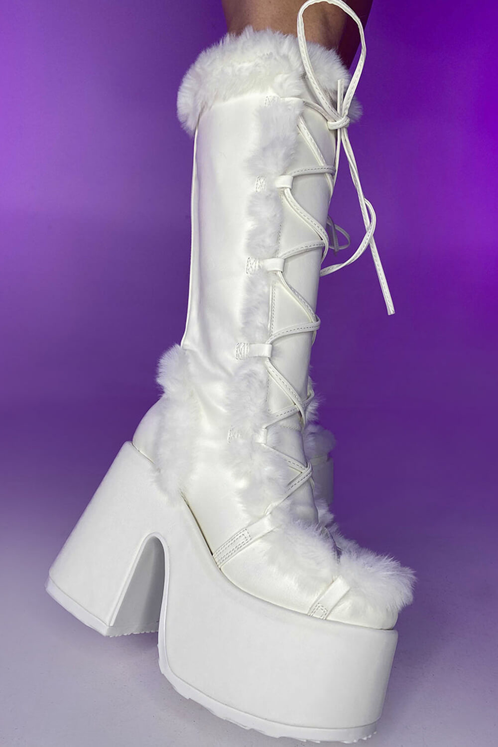Faux Fur Lace-Up Knee High Chunky Platform Boots - White