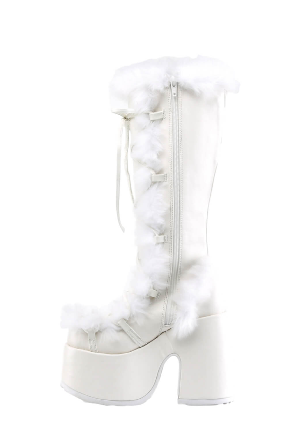 Faux Fur Lace-Up Knee High Chunky Platform Boots - White