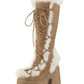 Faux Fur Lace-Up Knee High Chunky Platform Boots - Tan