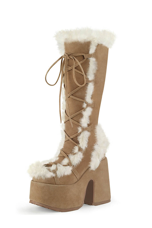 Faux Fur Lace-Up Knee High Chunky Platform Boots - Tan