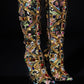 Floral Satin Gemstone-Embellished Pointed Toe Knee High Stiletto Boots - Black