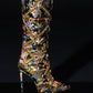 Floral Satin Gemstone-Embellished Pointed Toe Knee High Stiletto Boots - Black