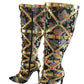Floral Satin Gemstone-Embellished Pointed Toe Knee High Stiletto Boots - Black