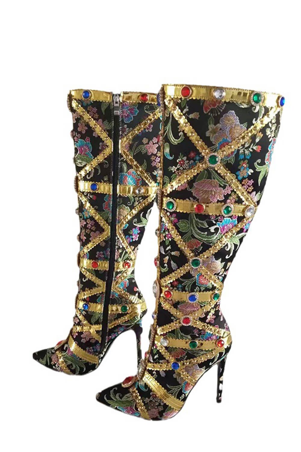 Floral Satin Gemstone-Embellished Pointed Toe Knee High Stiletto Boots - Black