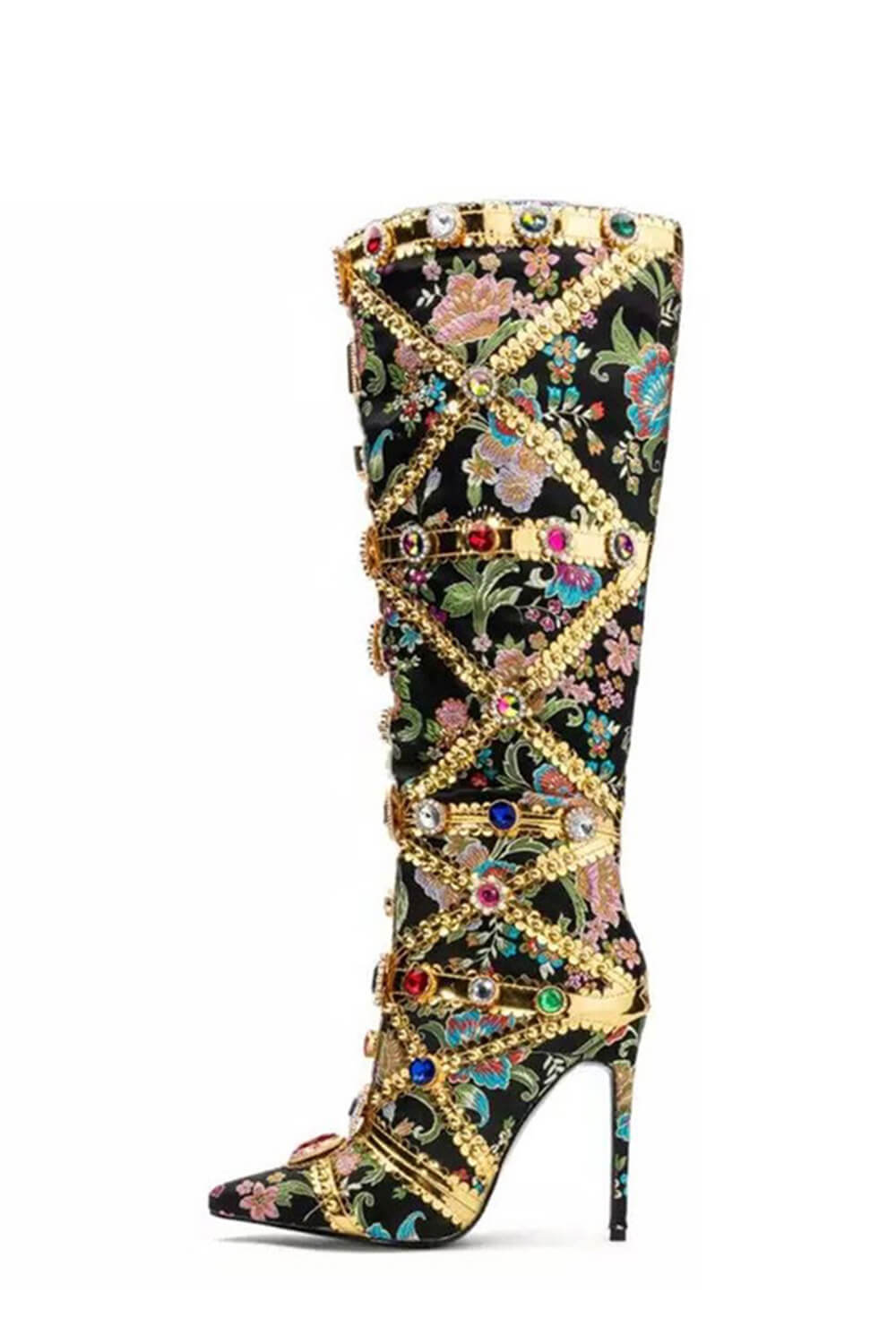 Floral Satin Gemstone-Embellished Pointed Toe Knee High Stiletto Boots - Black