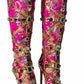 Floral Satin Gemstone-Embellished Pointed Toe Knee High Stiletto Boots - Pink