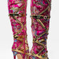 Floral Satin Gemstone-Embellished Pointed Toe Knee High Stiletto Boots - Pink