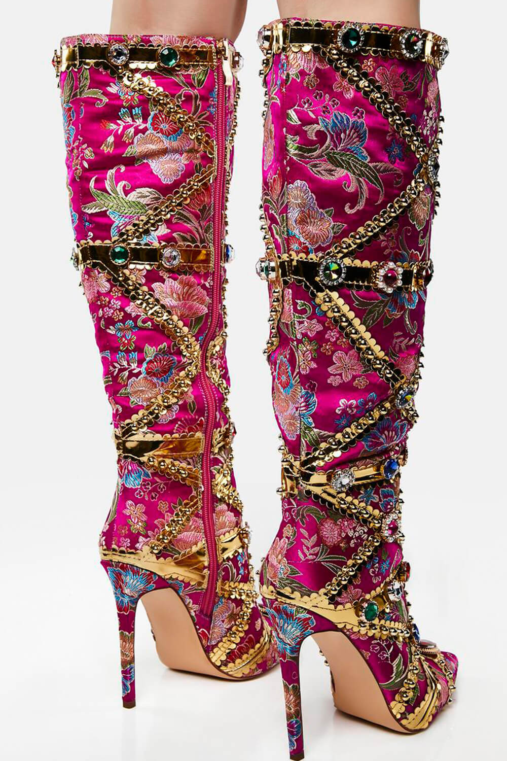 Floral Satin Gemstone-Embellished Pointed Toe Knee High Stiletto Boots - Pink