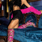 Floral Satin Gemstone-Embellished Pointed Toe Knee High Stiletto Boots - Pink