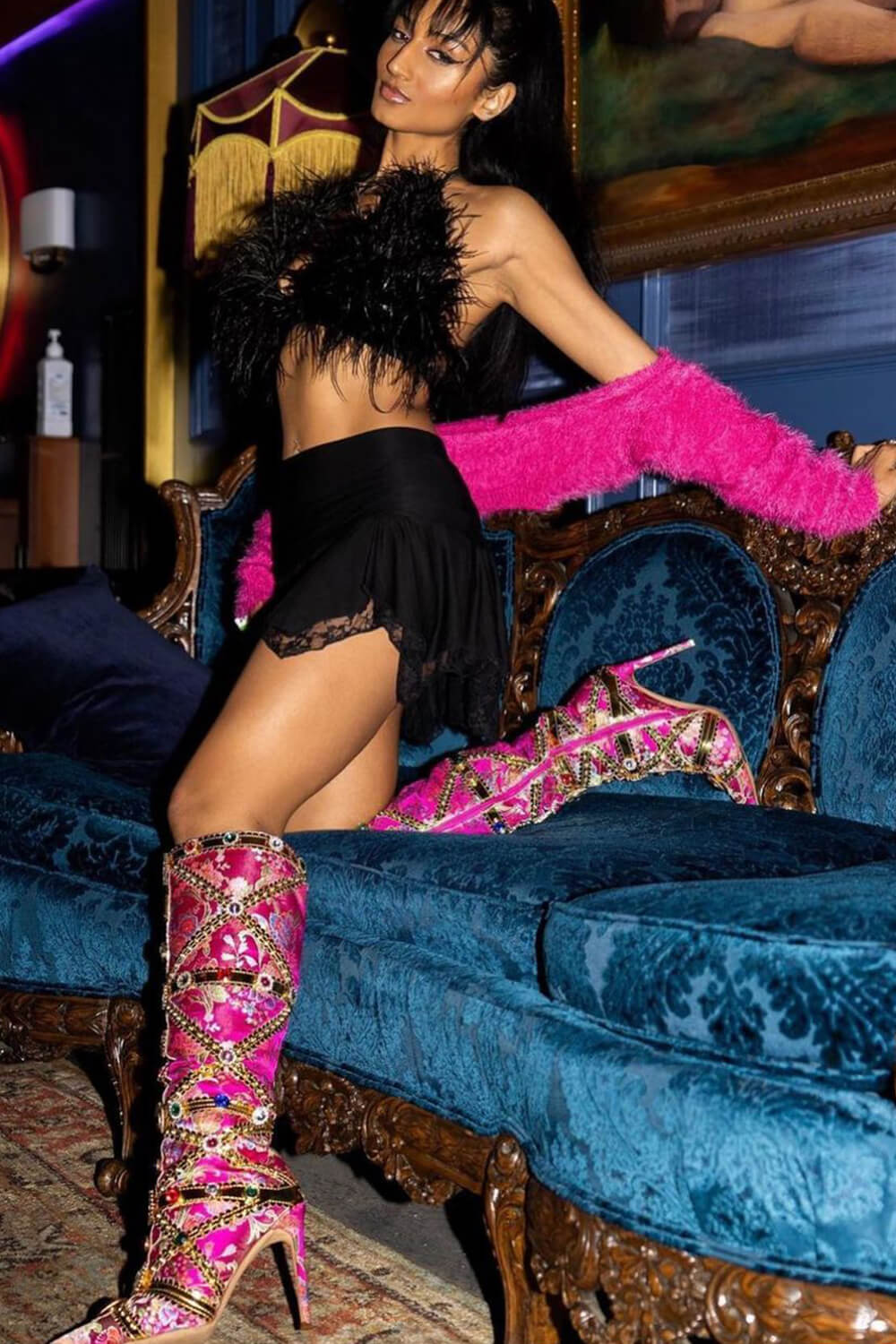 Floral Satin Gemstone-Embellished Pointed Toe Knee High Stiletto Boots - Pink