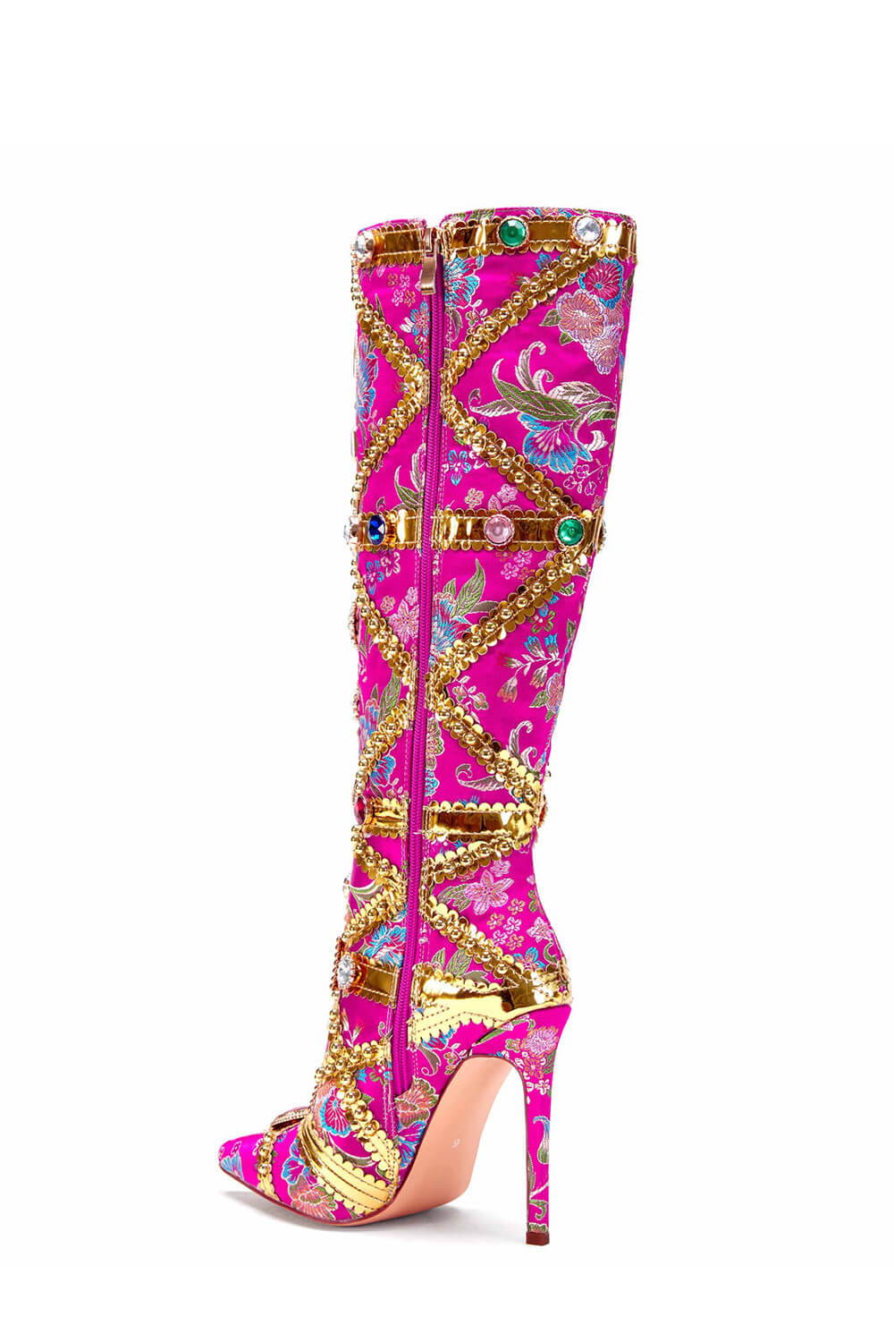 Floral Satin Gemstone-Embellished Pointed Toe Knee High Stiletto Boots - Pink