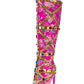 Floral Satin Gemstone-Embellished Pointed Toe Knee High Stiletto Boots - Pink