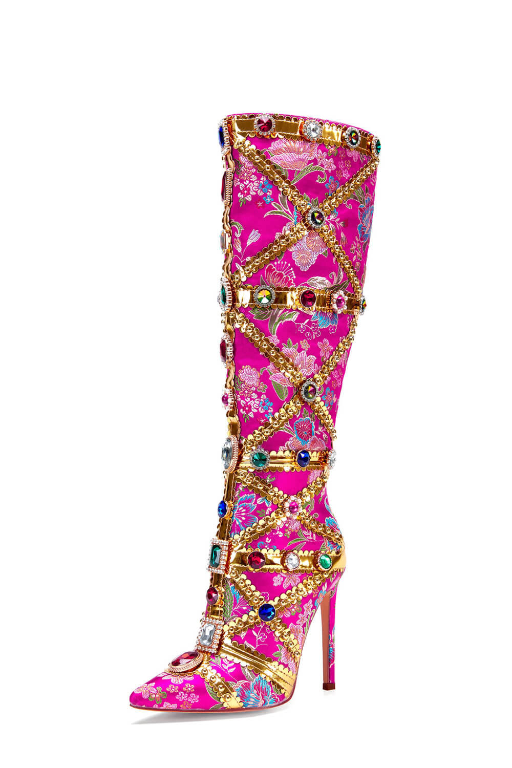 Floral Satin Gemstone-Embellished Pointed Toe Knee High Stiletto Boots - Pink