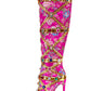 Floral Satin Gemstone-Embellished Pointed Toe Knee High Stiletto Boots - Pink