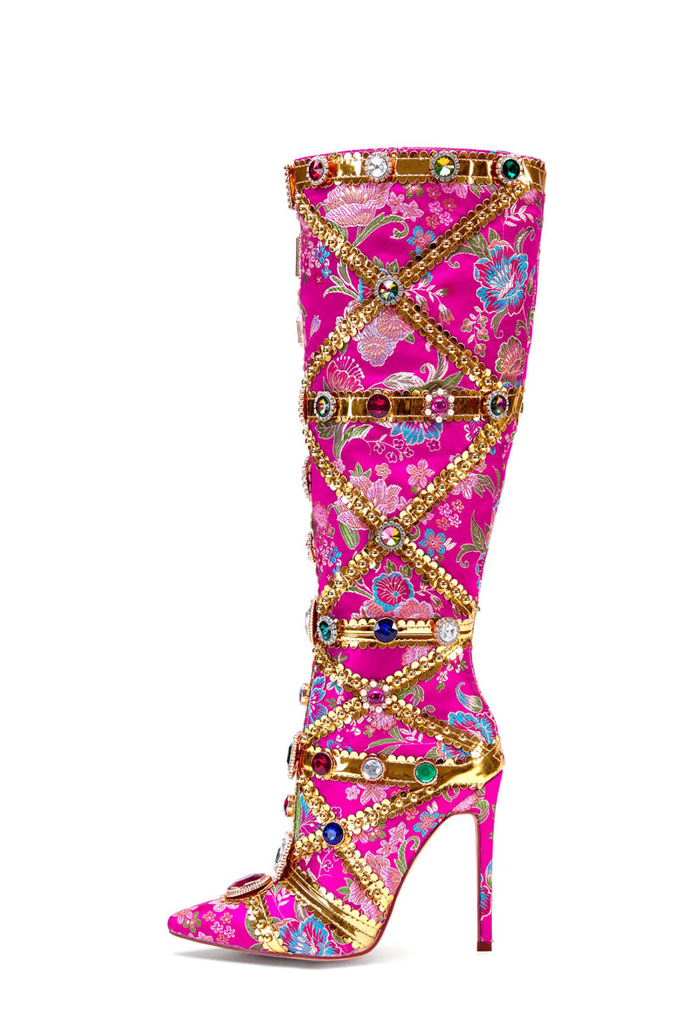 Floral Satin Gemstone-Embellished Pointed Toe Knee High Stiletto Boots - Pink