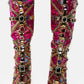 Floral Satin Gemstone-Embellished Pointed Toe Knee High Stiletto Boots - Pink