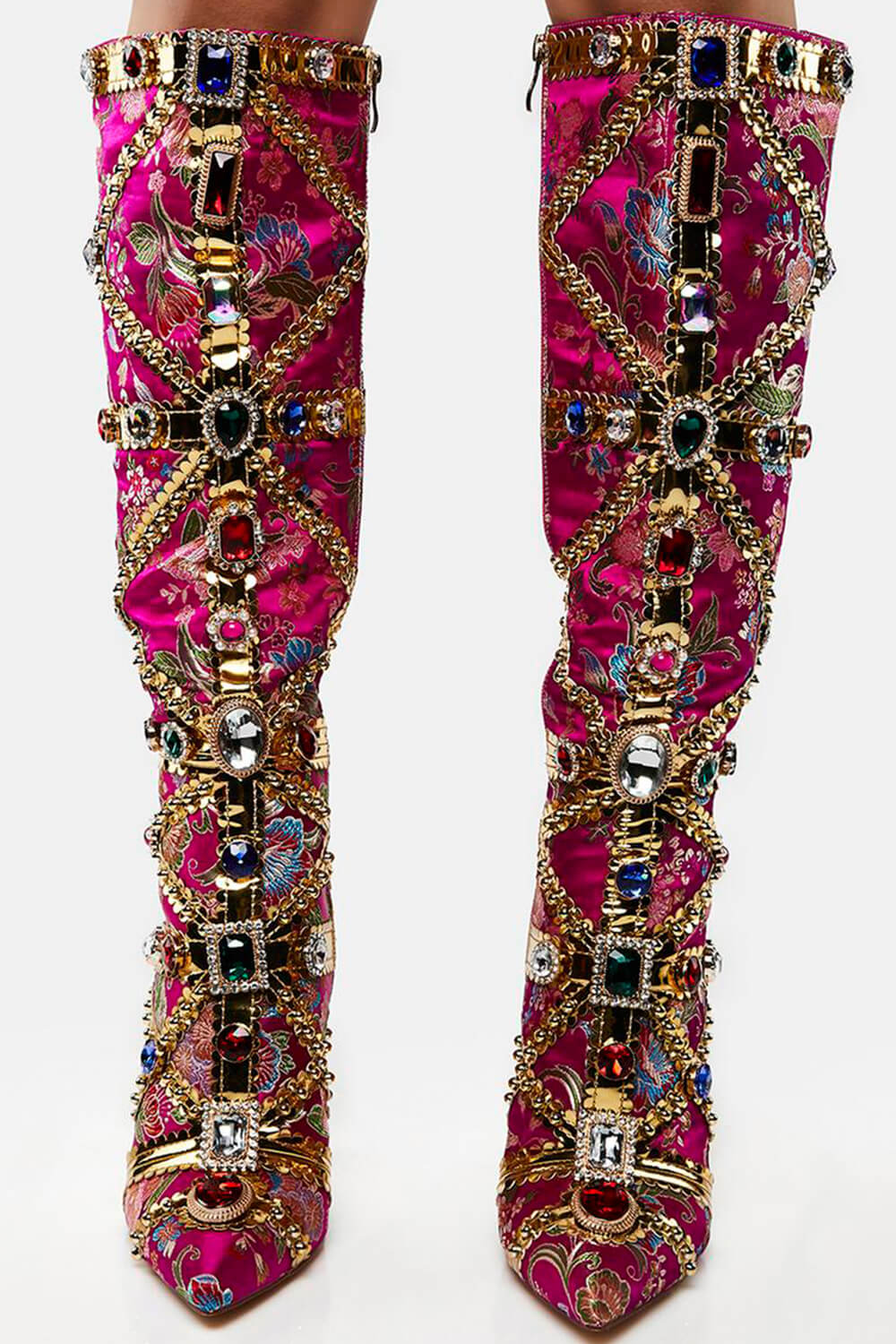 Floral Satin Gemstone-Embellished Pointed Toe Knee High Stiletto Boots - Pink