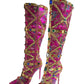 Floral Satin Gemstone-Embellished Pointed Toe Knee High Stiletto Boots - Pink