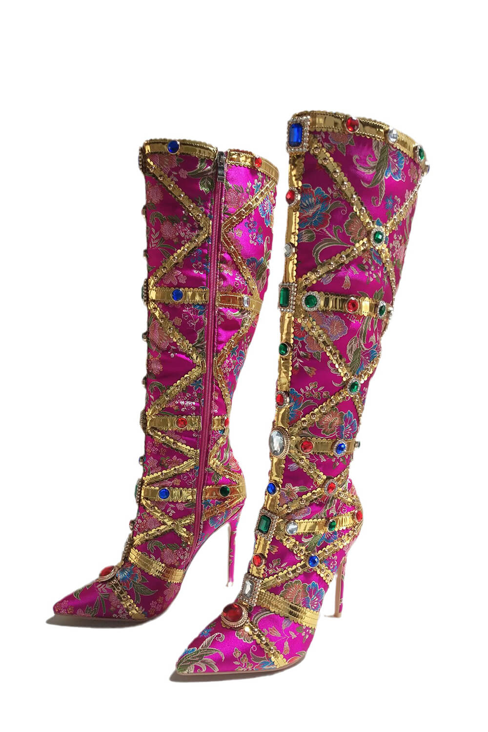 Floral Satin Gemstone-Embellished Pointed Toe Knee High Stiletto Boots - Pink