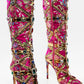 Floral Satin Gemstone-Embellished Pointed Toe Knee High Stiletto Boots - Pink