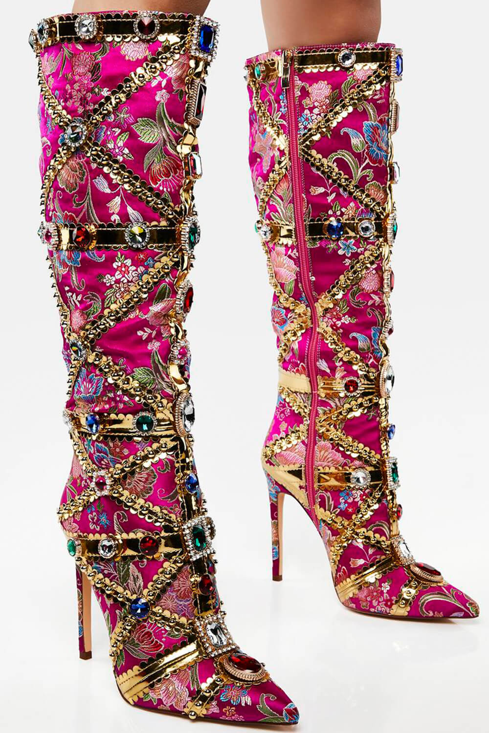 Floral Satin Gemstone-Embellished Pointed Toe Knee High Stiletto Boots - Pink