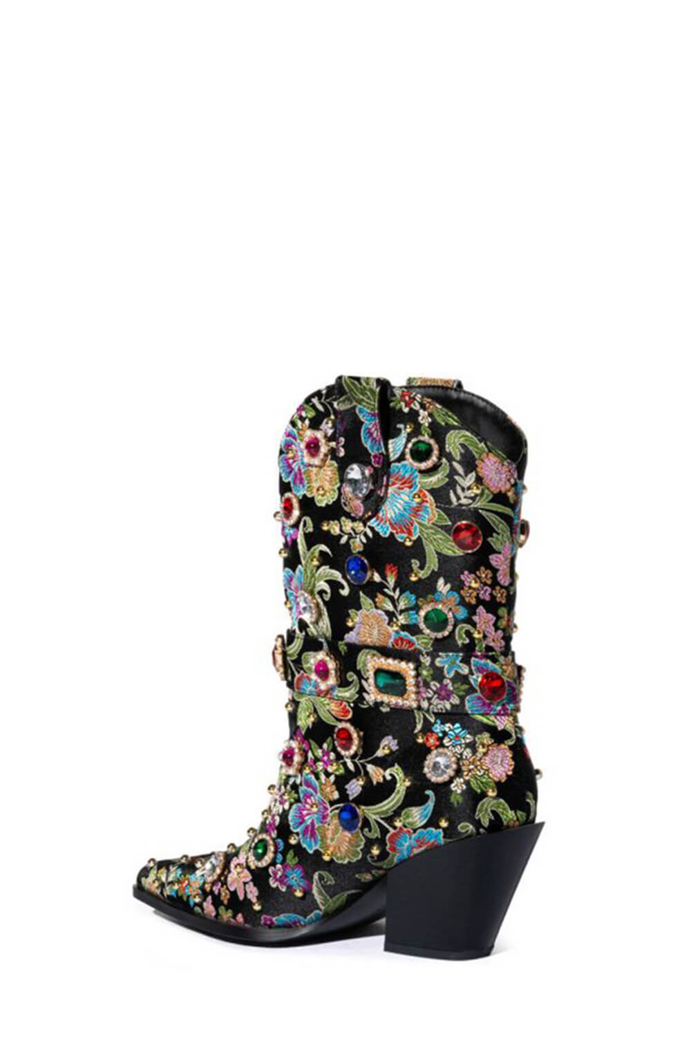 Floral Satin Gemstone-Embellished Pointed Toe Western Ankle Bootie - Black