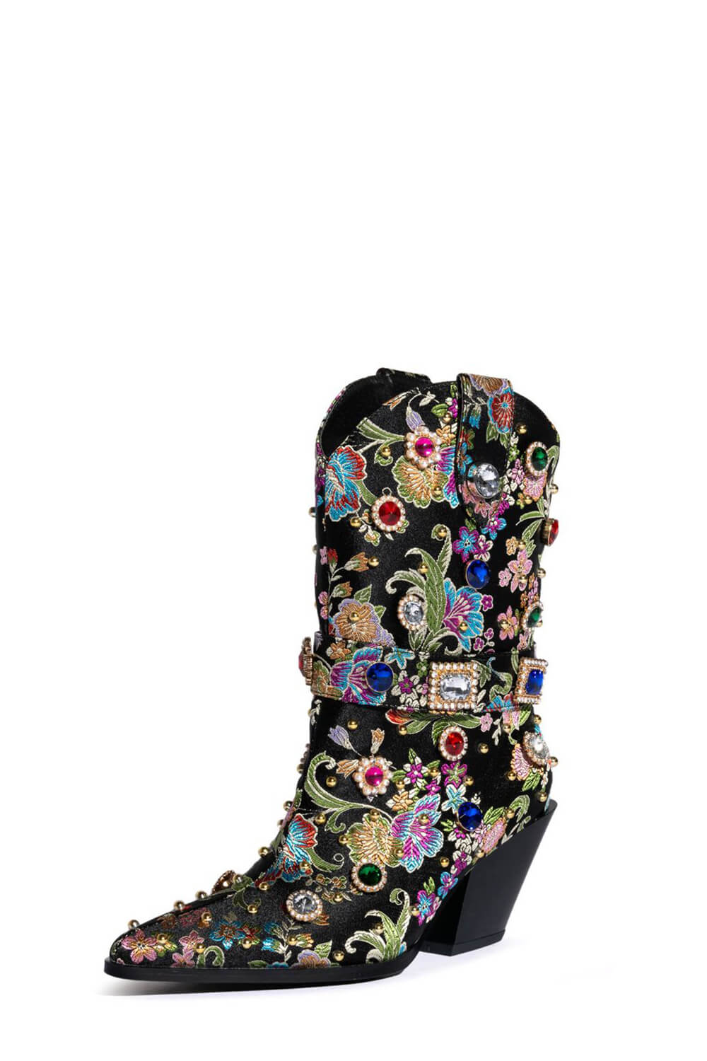 Floral Satin Gemstone-Embellished Pointed Toe Western Ankle Bootie - Black