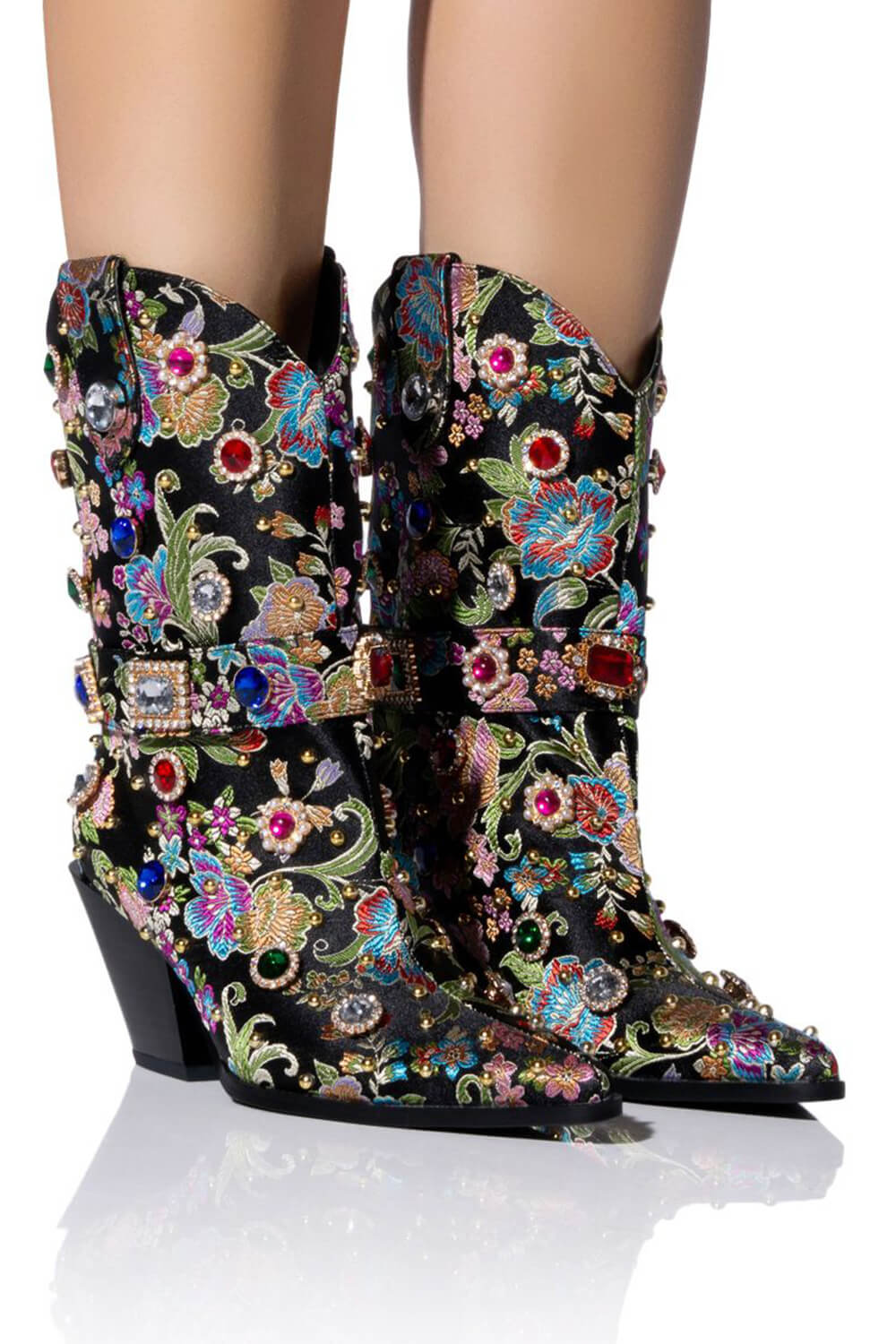 Floral Satin Gemstone-Embellished Pointed Toe Western Ankle Bootie - Black