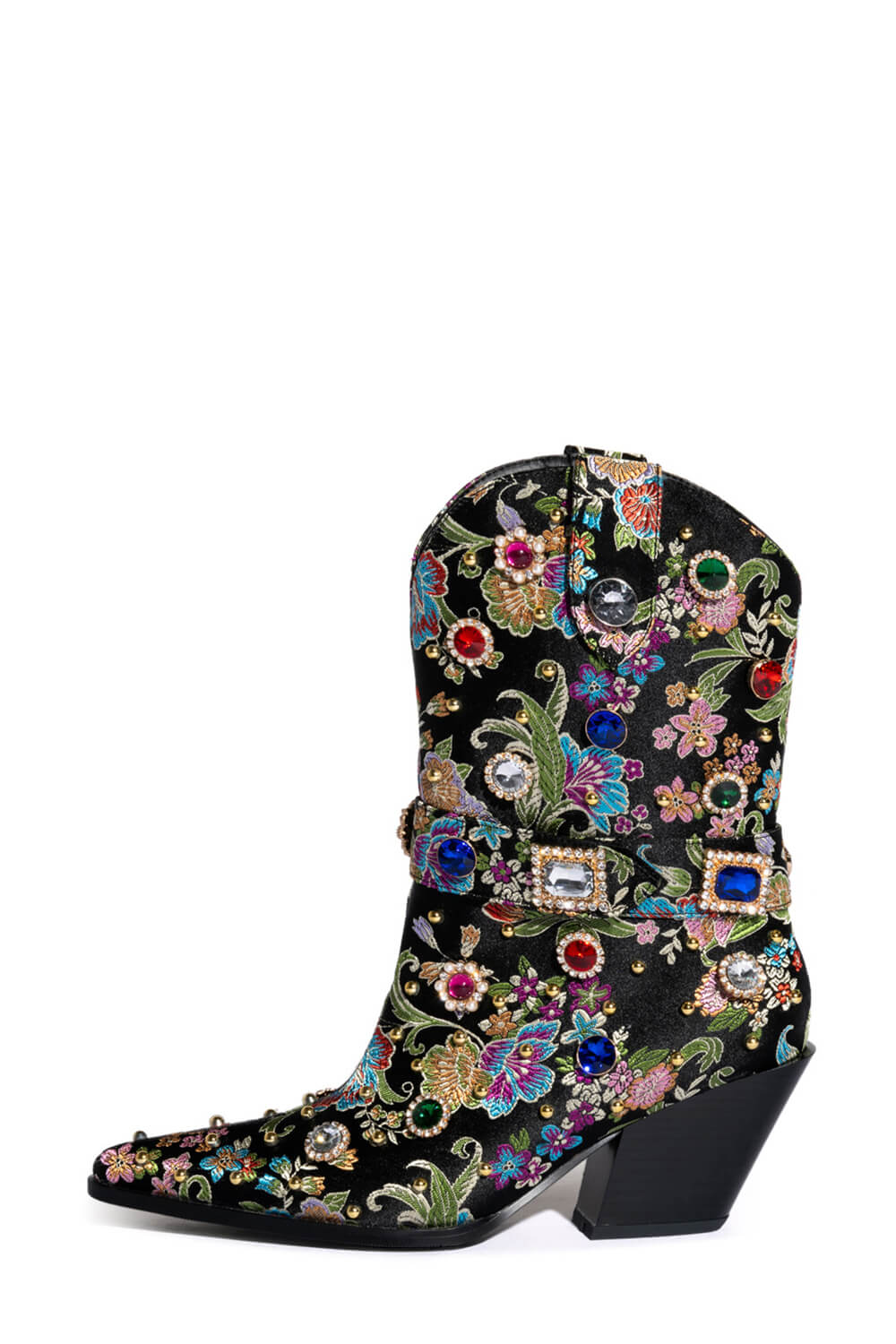 Floral Satin Gemstone-Embellished Pointed Toe Western Ankle Bootie - Black