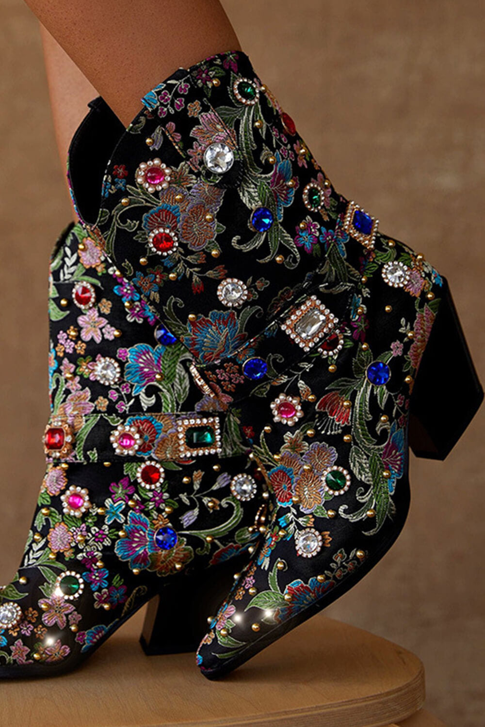 Floral Satin Gemstone-Embellished Pointed Toe Western Ankle Bootie - Black
