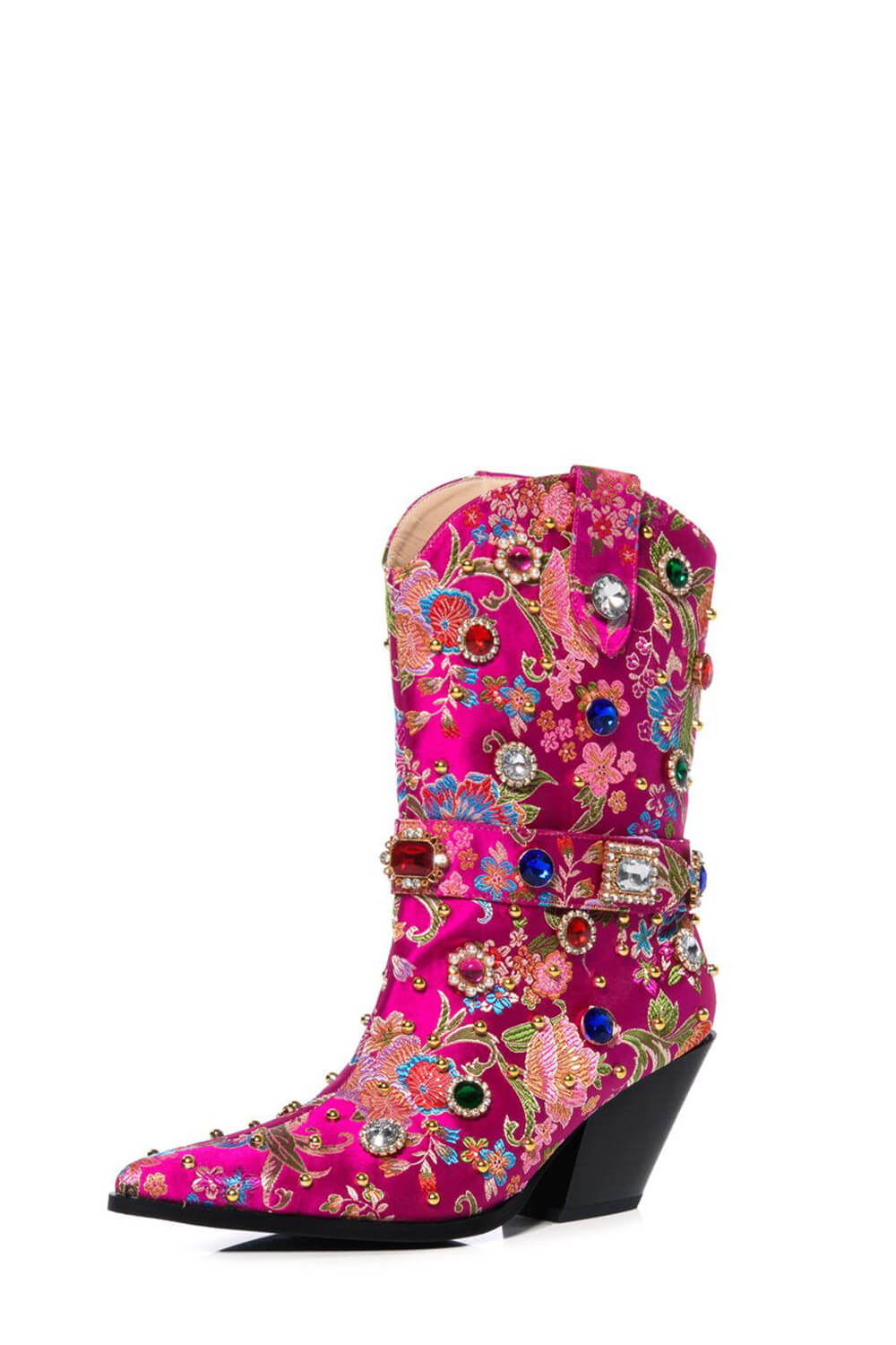 Floral Satin Gemstone-Embellished Pointed Toe Western Ankle Bootie - Pink