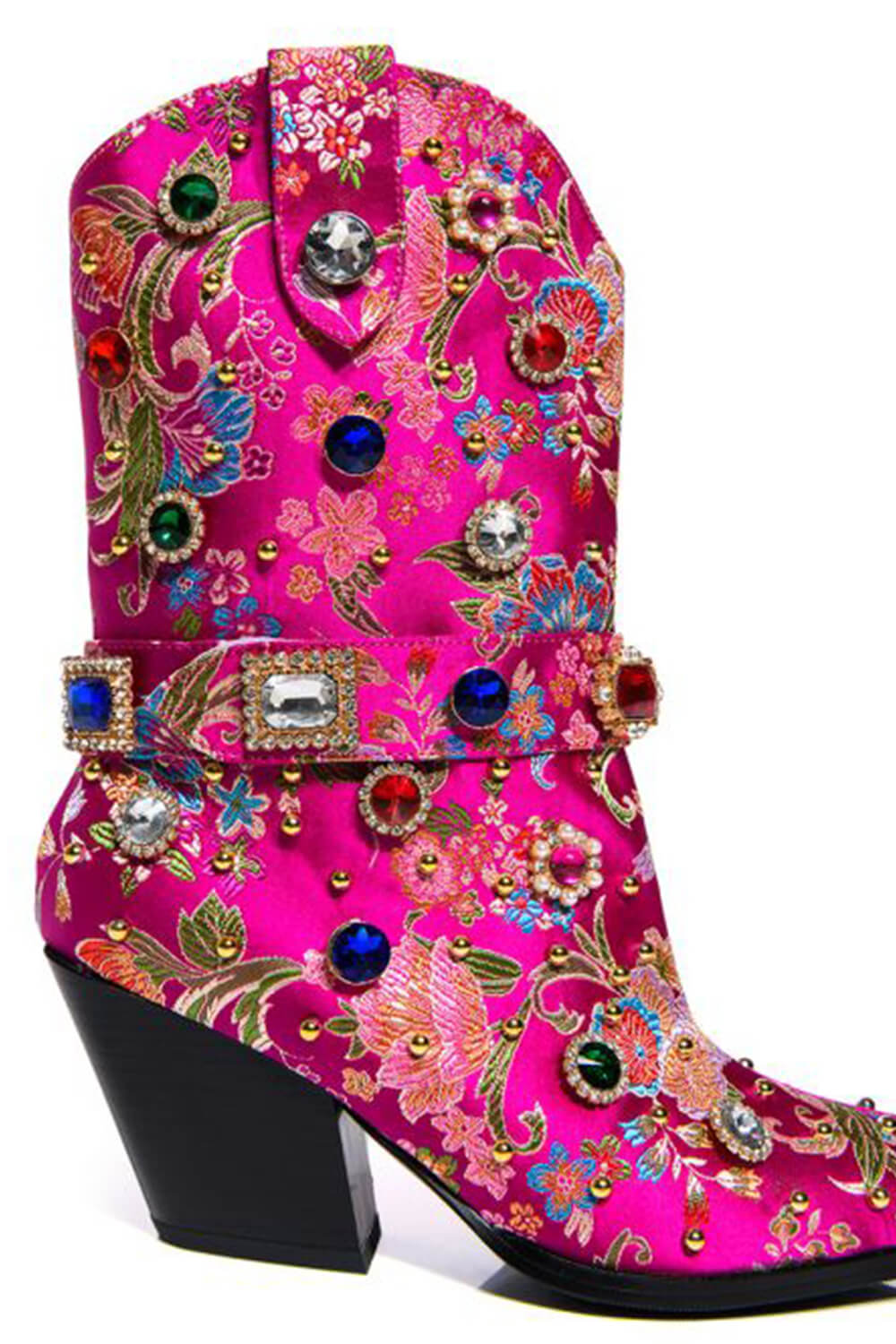 Floral Satin Gemstone-Embellished Pointed Toe Western Ankle Bootie - Pink