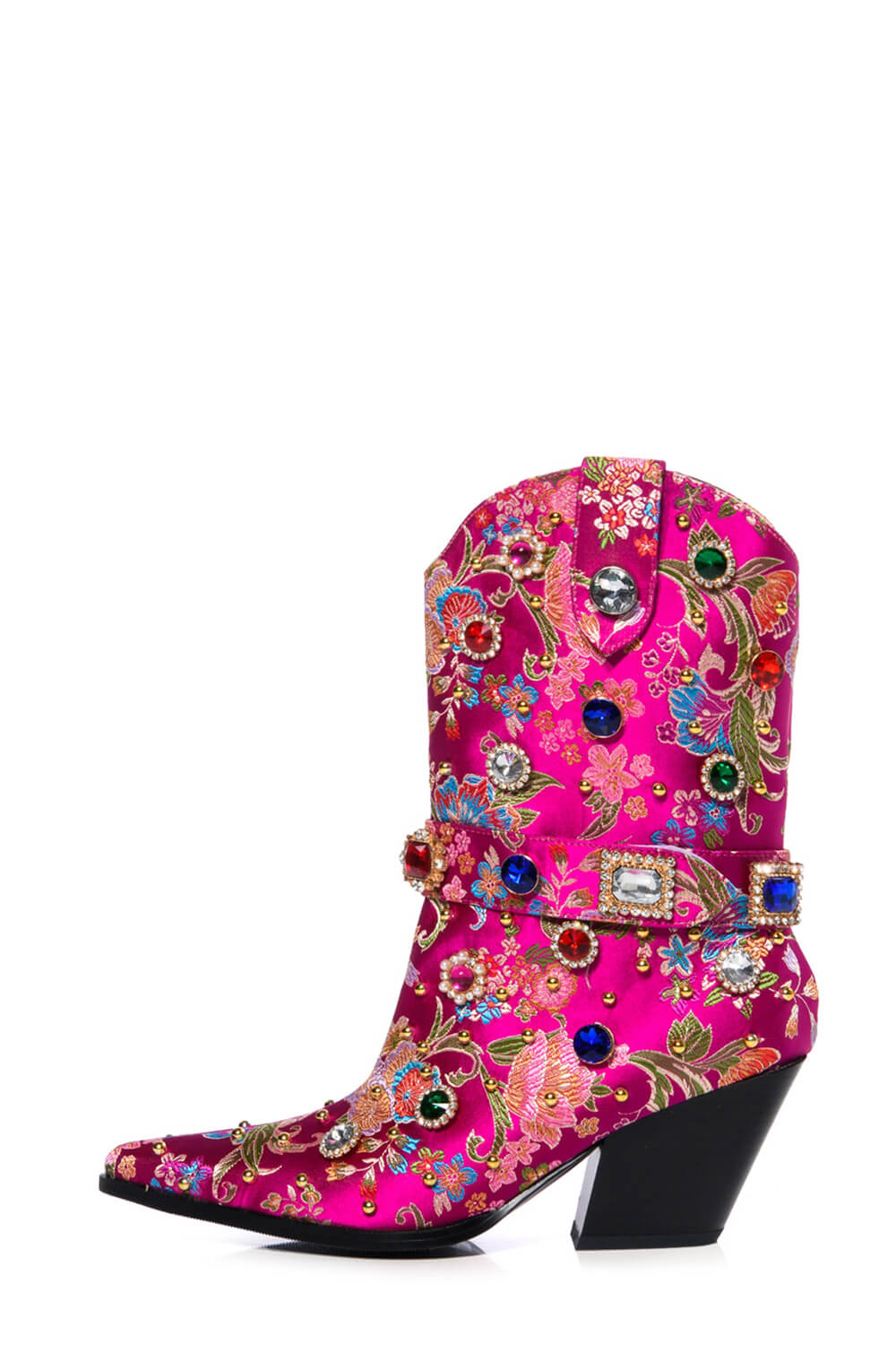 Floral Satin Gemstone-Embellished Pointed Toe Western Ankle Bootie - Pink