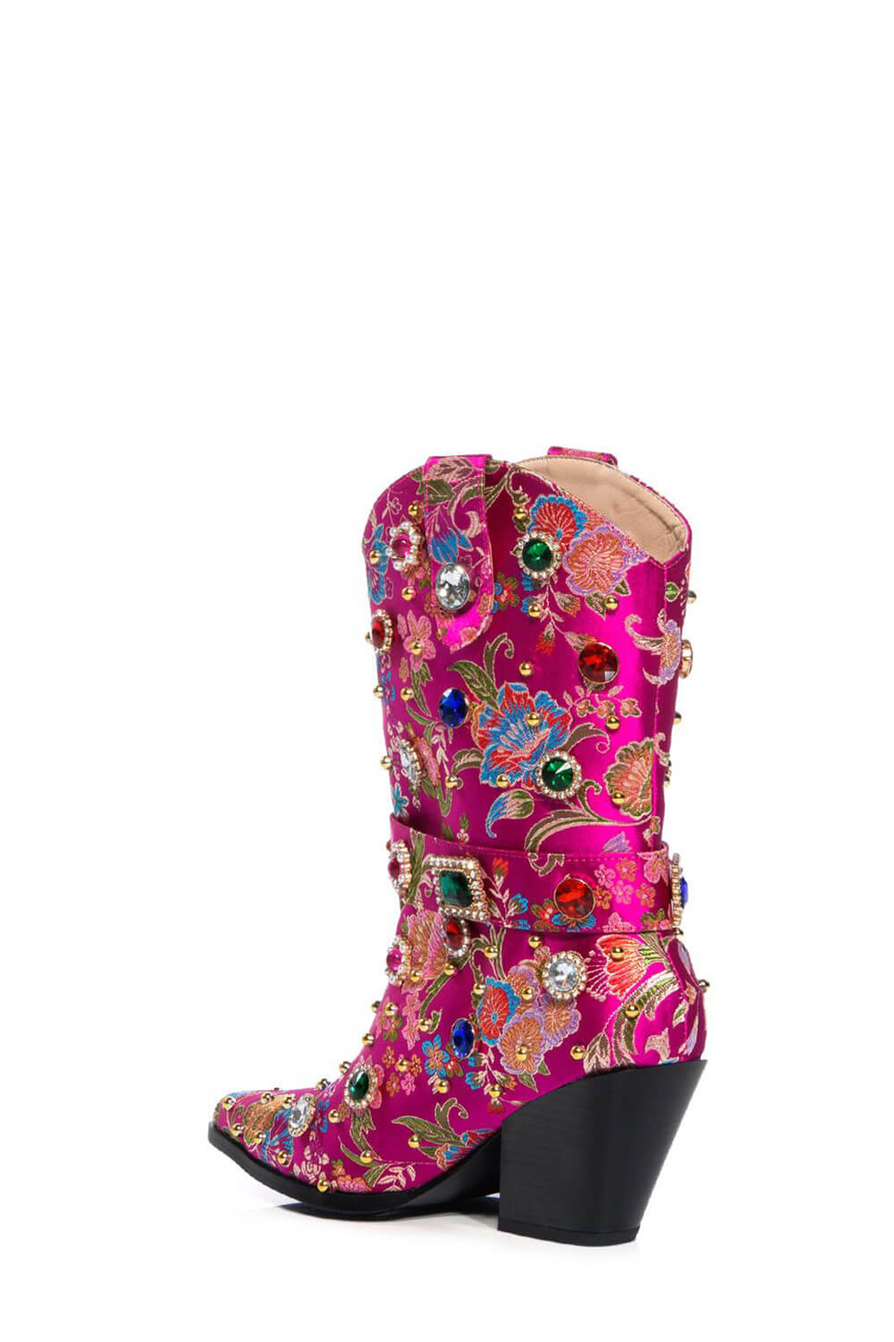 Floral Satin Gemstone-Embellished Pointed Toe Western Ankle Bootie - Pink