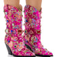 Floral Satin Gemstone-Embellished Pointed Toe Western Ankle Bootie - Pink