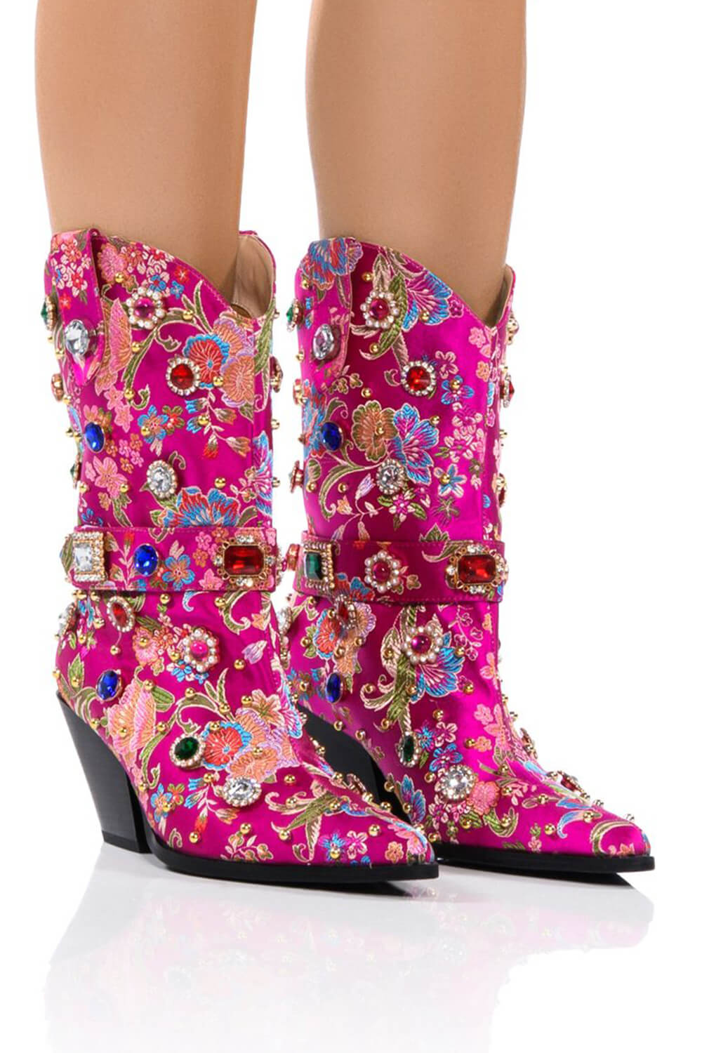 Floral Satin Gemstone-Embellished Pointed Toe Western Ankle Bootie - Pink