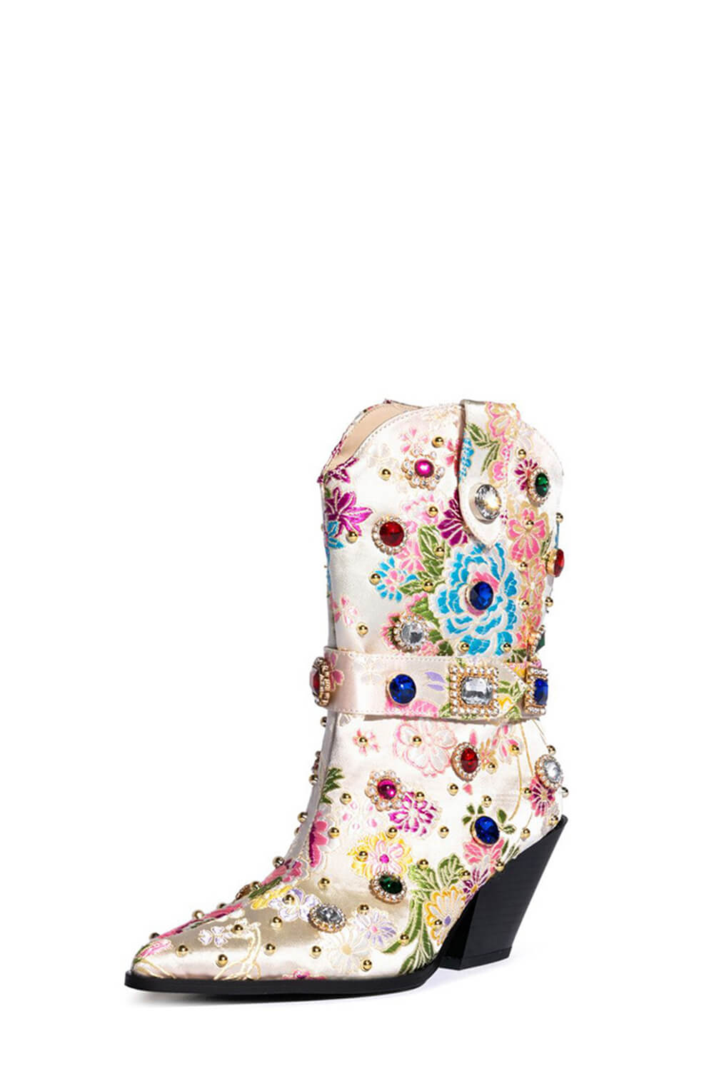 Floral Satin Gemstone-Embellished Pointed Toe Western Ankle Bootie - White
