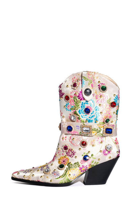 Floral Satin Gemstone-Embellished Pointed Toe Western Ankle Bootie - White