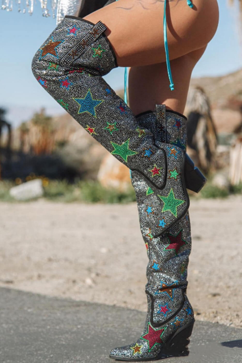 Sparkling Rhinestone Star Western Thigh High Chunky Heel Boots