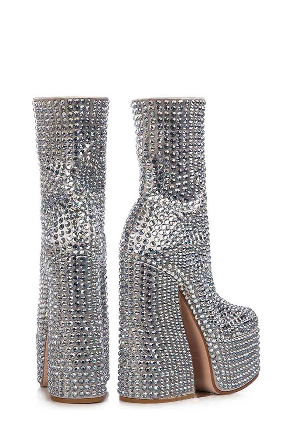 Silver Rhinestone Square Toe Platform Ankle Boots