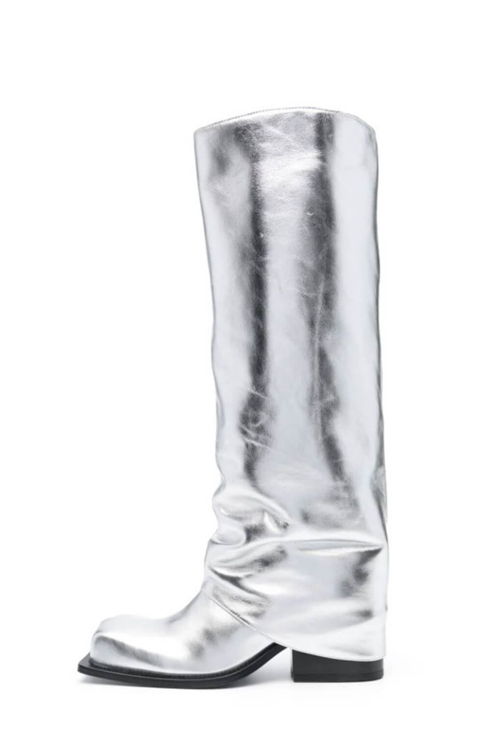 Metallic Silver Fold Over Ruched Square Toe Platform Knee High Boots
