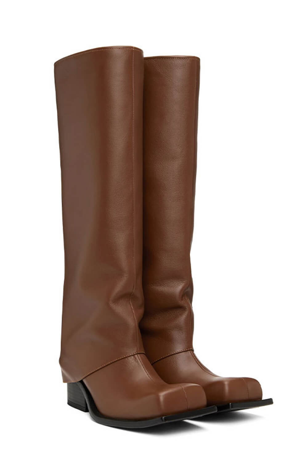 Faux Leather Fold Over Ruched Square Toe Platform Knee High Boots - Brown