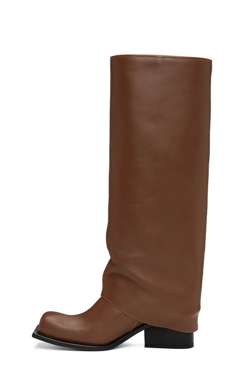Faux Leather Fold Over Ruched Square Toe Platform Knee High Boots - Brown
